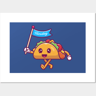 Cute Taco Holding Tuesday Flag Cartoon Posters and Art